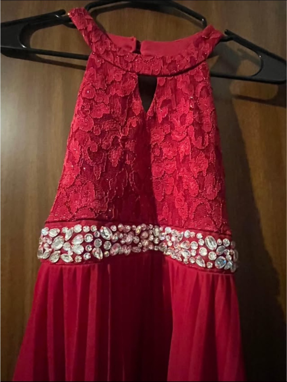 Girls Red Lace Halter Dress with Jeweled Waistband